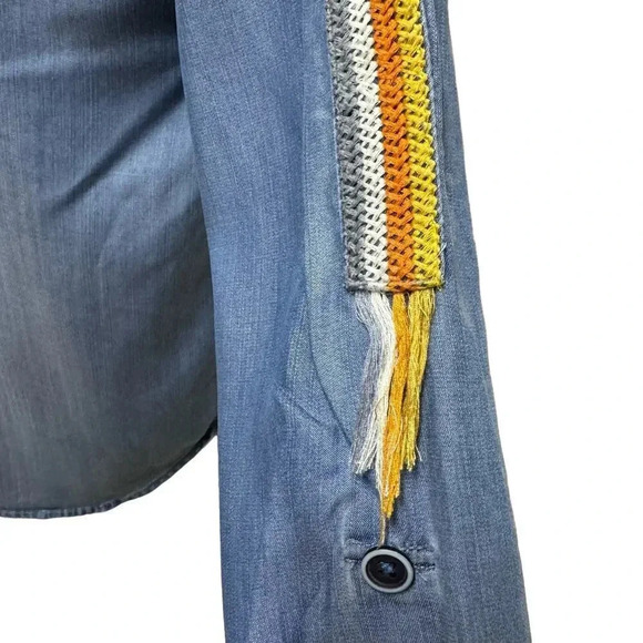 Dear John Alyssa Chambray Button Up Shirt Embroidered Fringe Sleeves Size Small - Picture 5 of 9